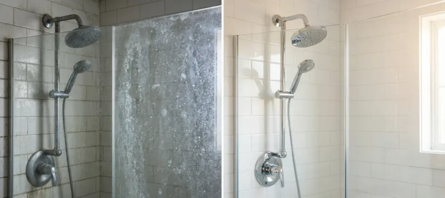 Before and after comparison of a hard water stained shower versus a clean, soft water shower