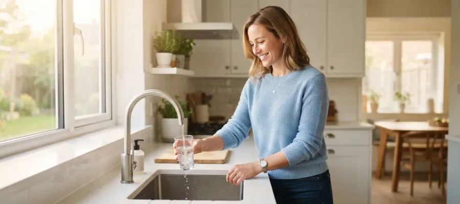 Happy homeowner filling a glass with clean water at the kitchen sink