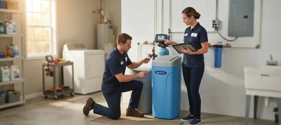 Water softener technicians servicing a system in a residential garage